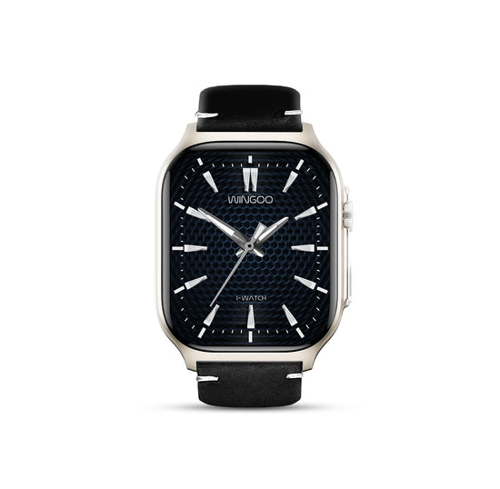 Black wristwatch with silver case on a white background