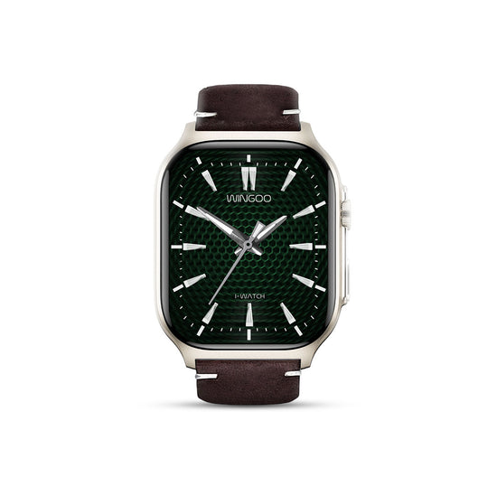 Smartwatch with a green dial and brown leather strap on a white background